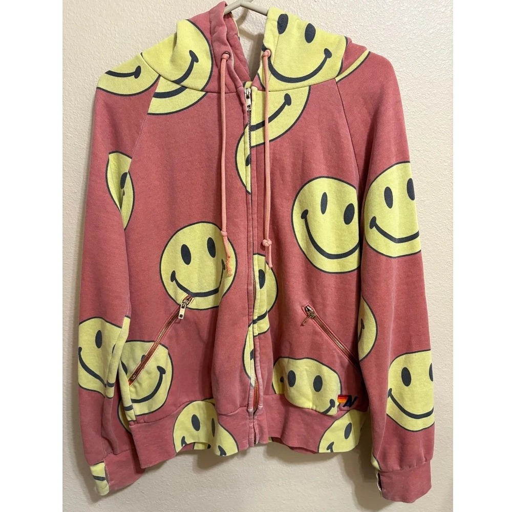Aviator Nation Smiley Face All Over Print Zip Up Hoodie Pink Coral Mens Medium